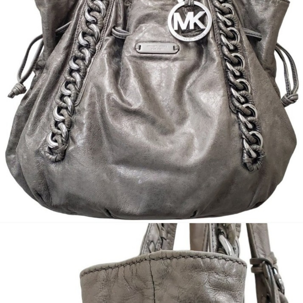 MICHAEL KORS 'ID Chain Link' Pewter Gray Metallic Distressed Leather Large Tote